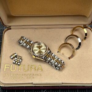 Futura Womens Two Tone Interchangeable Bezel Watch Set Crystal Gold Silver 2272